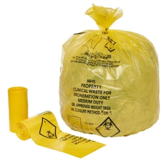 Picture of Yellow NHS Clinical Waste Sacks - Small - Heavy Duty - 11" x 17" x 26" - 25 Bags Per Roll - 7kg - [OL-OL621/A]