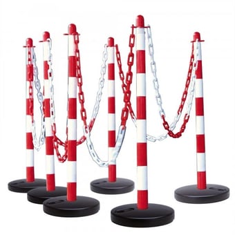 picture of GUARDA Chain Post Set - 6 Posts, 10m Chain, 10 Hooks, 10 Links - Red/White - Fillable Round Base - [MV-175.15.850]