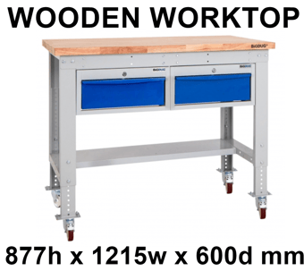 picture of BiGDUG Heavy Duty Mobile Storage Workbench - 877h x 1215w x 600d mm - 2 Drawers - Wooden Worktop - [BDU-HDMSWB126H2DW]