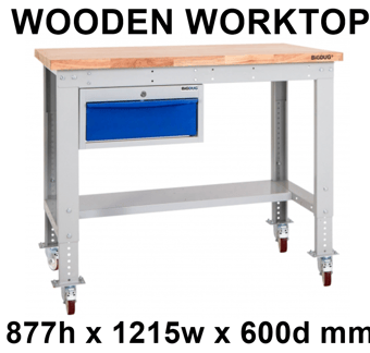 picture of BiGDUG Heavy Duty Mobile Storage Workbench - 877h x 1215w x 600d mm - Single Drawer - Wooden Worktop - [BDU-HDMSWB126H1DW]