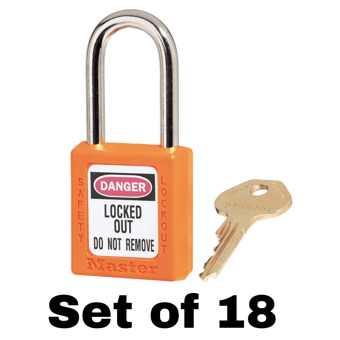 picture of Set of 410 Zenex Thermoplastic Safety Padlock - Orange - With 'Key Alike' Key - Set of 18 - [MA-410KA18ORJ]