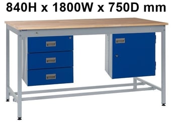 picture of Square Tube Workbench - Beech Top - 840H x 1800W x 750D mm - Storage Cupboard & Triple Drawer - [QM-BQ841875BX4C]