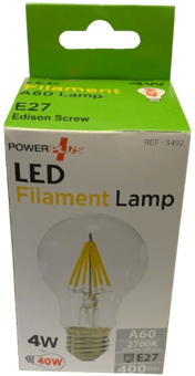 Picture of Power Plus - 4W - E27 Energy Saving A60 LED Filament Bulb - 400 Lumens - 2700k Warm White - Pack of 12 - [PU-3492] - (DISC-W)