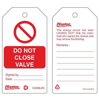 picture of Master Lock Standard Lockout Tags – ‘Do Not Close Valve’ - Rigid Plastic - Pack of 6 - [MA-S4208LEN] - (DISC-R)