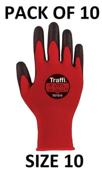 picture of TraffiGlove Classic 1 PU Coated Red Gloves - Size 10 - Pack of 10 - TS-TG1010-10X10 - (AMZPK2)