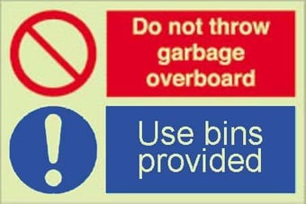 Picture of Photoluminescent Do Not Throw Garbage Overboard Signs - Use Bins Provided - 300 X 200Hmm - Self Adhesive Rigid Plastic - [AS-PH316-SARP]