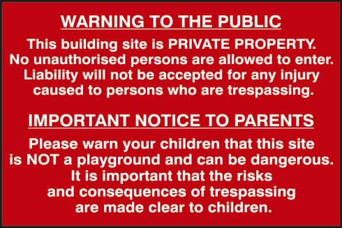 picture of Spectrum Building Site Warning To Public And Parents – PVC 600 x 400mm - SCXO-CI-4251