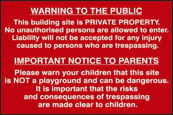 picture of Spectrum Building Site Warning To Public And Parents – PVC 600 x 400mm - SCXO-CI-4251