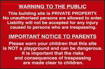 Picture of Spectrum Building Site Warning To Public And Parents - PVC 600 x 400mm - SCXO-CI-4251