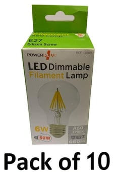 picture of Power Plus - 6W - E27 Energy Saving A60 LED Filament Bulb - 660 Lumens - 2700k Warm White - Pack of 10 - [PU-3009]