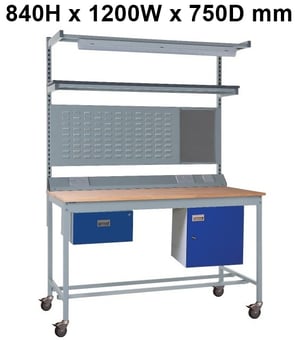 picture of Mobile Square Tube Workbench - Beech Top - 840H x 1200W x 750D mm - Single Drawer, Light & Tool Rail Support - [QM-BM841275B10A]