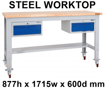 picture of BiGDUG Heavy Duty Mobile Storage Workbench - 877h x 1715w x 600d mm - 2 Drawers - Steel Worktop - [BDU-HDMSWB176H2DS]