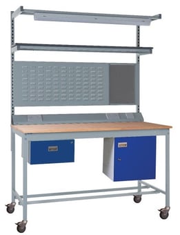 Picture of Mobile Square Tube Workbench - Beech Top - 840H x 1800W x 750D mm - Single Drawer, Light & Tool Rail Support - [QM-BM841875B10C]
