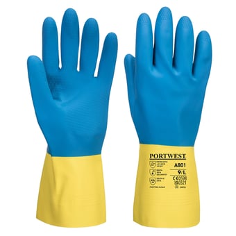 Picture of Portwest A801 Double Dipped Latex Yellow/Blue Gauntlet - Box Deal 180 Pairs - IH-PWA801Y4R