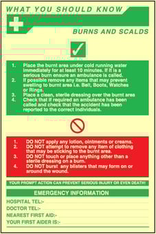 picture of Photoluminescent Burns And Scalds Poster - 400 x 600Hmm - 1mm Rigid Plastic - [AS-PH239]