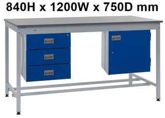 picture of Square Tube Workbench - Laminate Top - 840H x 1200W x 750D mm - Storage Cupboard & Triple Drawer - [QM-BQ841275PX3A]