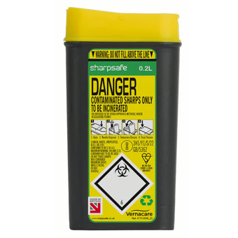 picture of Sharpsafe Recycled Sharps Bin - Yellow Lid - Clear Opening - 0.2L - [VC-51732430] - (MP)
