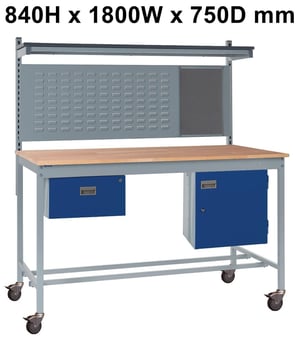 picture of Mobile Square Tube Workbench - Beech Top - 840H x 1800W x 750D mm - Single Drawer, Louvre Panel - [QM-BM841875BX6C]