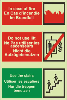 picture of Photoluminescent In Case of Fire English, French and German Sign- 200 X 300Hmm - Self Adhesive Rigid Plastic - [AS-PH297-SARP]