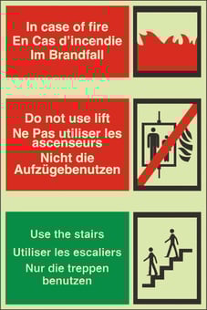 Picture of Photoluminescent In Case of Fire English, French and German Sign- 200 X 300Hmm - Self Adhesive Rigid Plastic - [AS-PH297-SARP]