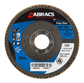 picture of Abracs Zirconium Flap Disc 115mm x 22mm - 40g - 13,300 Max RPM - Box of 25 - [ABR-ABFZ115B040]