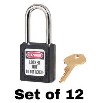 picture of Set of 410 Zenex Thermoplastic Safety Padlock - Black - With 'Key Alike' Key - Set of 12 - [MA-410KA12BLK]