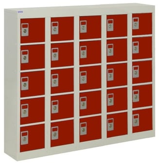 picture of QMP Wall-Mounted Personal Effects Locker - 25 Compartment - Red Doors - 940H x 1130W x 190D mm - [QM-LR941119WRXX]