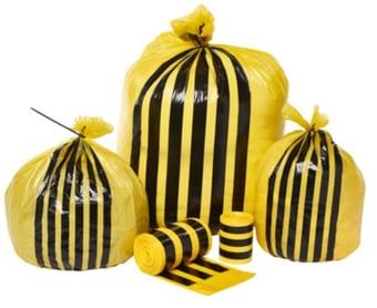 Picture of Black and Yellow Tiger Stripe Waste Sacks - Large - Heavy Duty - 15" x 28" x 39" - 25 Bags Per Roll - 10kg - [OL-OL705/A] - (HP)