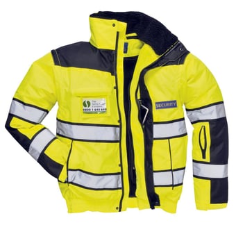 picture of Portwest Security Printed Front and Back Hi-Vis Yellow/Black Executive Bomber 3 in 1 Multifunction Jacket - PW-C466YBR-SEC