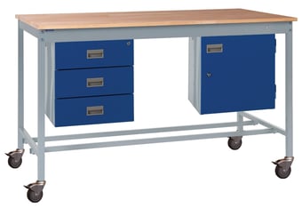 Picture of Mobile Square Tube Workbench - Beech Top - 840H x 1500W x 750D mm - Storage Cupboard & Triple Drawer - [QM-BM841575BX4B]