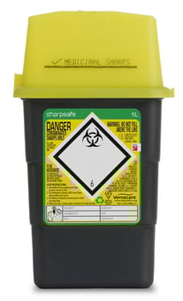 Picture of Sharpsafe Recycled Sharps Bin - Yellow Lid - 1L - Box Deal of 100 - [IH-VC-51602430]