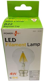 Picture of Power Plus - 4W - B22 Energy Saving A60 LED Filament Bulb - 400 Lumens - 2700k Warm White  - Pack of 12 - [PU-3030] - (DISC-W)
