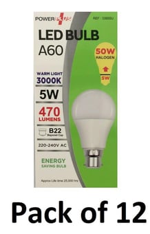 picture of Power Plus - 5W - B22 Energy Saving A60 LED Bulb - 470 Lumens - 3000k Warm Light - Pack of 12 - [PU-3395]