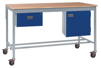 Picture of Mobile Square Tube Workbench - Beech Top - 840H x 1500W x 750D mm - Single Drawer & Storage Cupboard - [QM-BM841575BX2B]