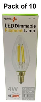 picture of Power Plus - 4W - E14 Energy Saving Candle LED Dimmable Filament Bulb - 400 Lumens - 2700k Warm White - Pack of 10 - [PU-3007]