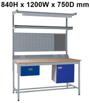 picture of Square Tube Workbench - Beech Top - 840H x 1200W x 750D mm - Single Drawer, Light & Tool Rail Support - [QM-BQ841275B10A]