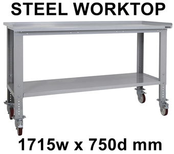 picture of BiGDUG Heavy Duty Height Adjustable Mobile Workbench - 860-1280h x 1715w x 750d mm - Steel Worktop - [BDU-HDMWB177S]