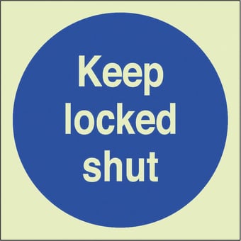Picture of Photoluminescent Keep Locked Shut Sign - 100 X 100Hmm - Self Adhesive Rigid Plastic - [AS-PH57-SARP]