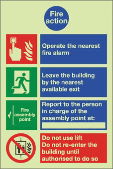 picture of Photoluminescent Signs Fire Action Sign - 150 X 200Hmm - Self Adhesive Rigid Plastic - [AS-PH237A-SARP]
