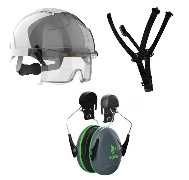JSP Premium Kit - White/Smoke Evo Vistalens Helmet with Chin Strap & Sonis Ear Defenders - [IH-PREMIUMKIT]
