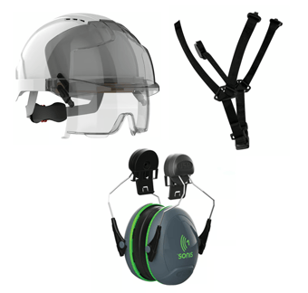 picture of JSP Premium Kit - White/Smoke Evo Vistalens Helmet with Chin Strap & Sonis Ear Defenders - [IH-PREMIUMKIT]