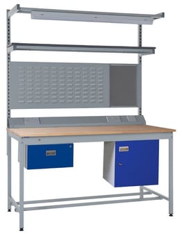 Picture of Square Tube Workbench - Beech Top - 840H x 1500W x 750D mm - Single Drawer, Light & Tool Rail Support - [QM-BQ841575B10B]