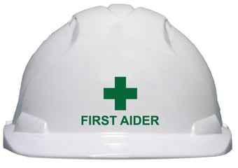 Picture of JSP - EVO3 White Safety Helmet - FIRST AIDER Printed on Front in Green - [JS-AJF160-000-100]