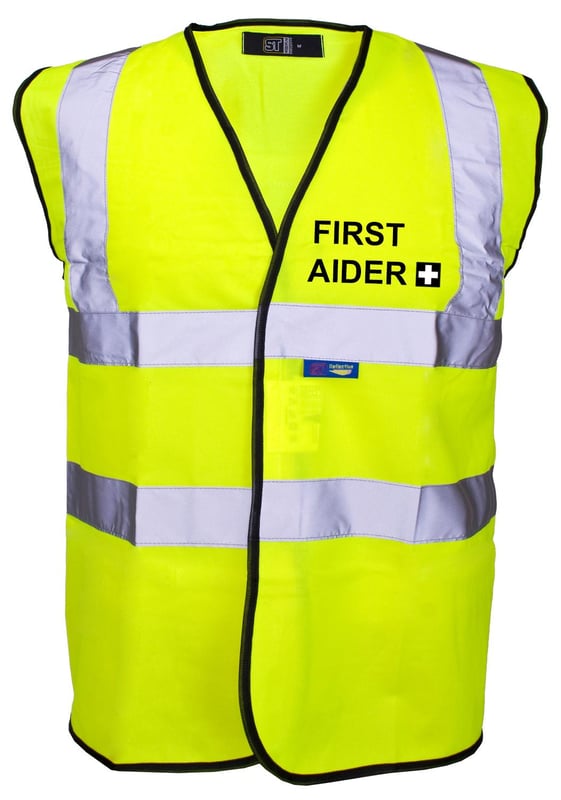 picture of Value First Aider Printed Front and Back in Black - Yellow Hi Visibility Vest - ST-35241-FA2