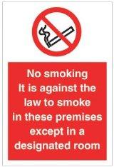 Picture of No Smoking - Against the Law to Smoke in Premises Except Designated Sign - 148 x 210Hmm - Rigid Plastic - [AS-PR509-RP]