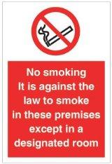 picture of No Smoking - Against the Law to Smoke in Premises Except Designated Sign - 148 x 210Hmm - Rigid Plastic - [AS-PR509-RP]