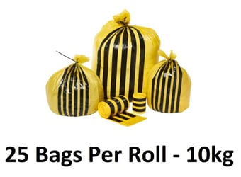 picture of Black and Yellow Tiger Stripe Waste Sacks - Large - Heavy Duty - 15" x 28" x 39" - 25 Bags Per Roll - 10kg - [OL-OL705/A] - (HP)