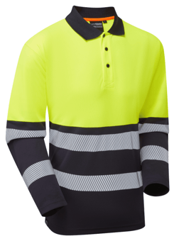 picture of Supertouch Essentials Hi-Vis Eco Yellow/Navy CoolAir Long Sleeve Polo - ST-ESS600-YN