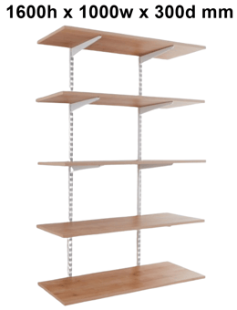 picture of BiGDUG White Twin Slot Shelving Kit - 1600h x 1000w x 300d mm - 5 Oak Melamine Levels - [BDU-TSW1635O]