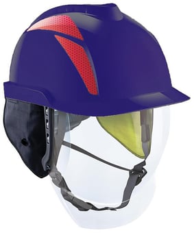 picture of MSA - V-Gard 950 Cap - Blue with Red Stickers Fitted - Arc Flash Ear Flaps - Non-Vented - [MS-GVF5A-C0A00HG-000] - (DISC-R)